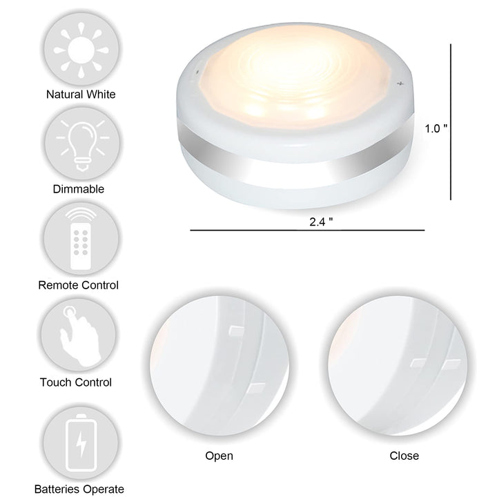 Puck Lights, Battery Operated Light with Remote Control, Led Under Cabinet Lighting Wireless, Dimmable Closet Lights(Natural White 6PK)