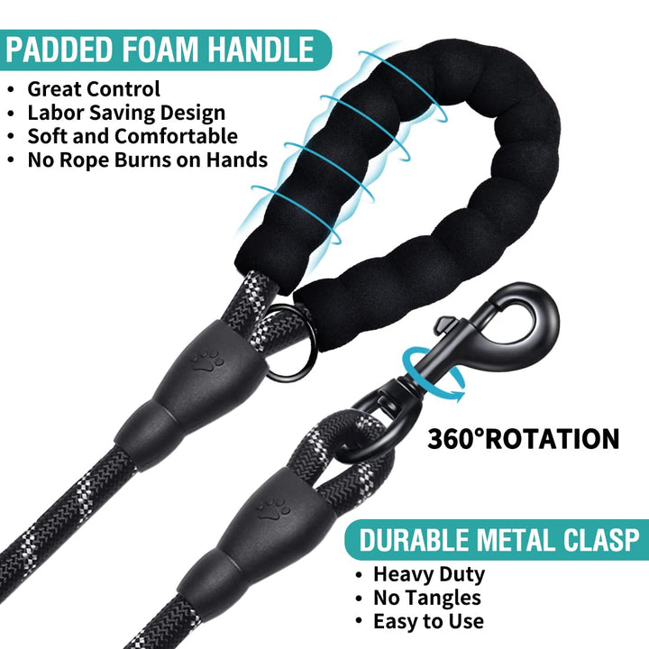 2 Pack Dog Leash 5 FT Heavy Duty - Comfortable Padded Handle - Reflective Dog Leash for Medium Large Dogs with Collapsible Pet Bowl