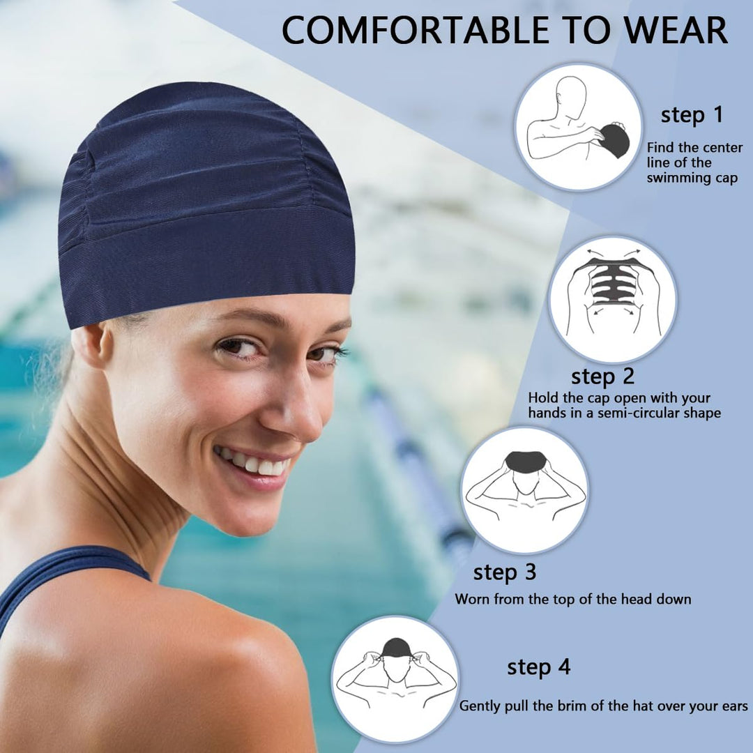 Colorful Pleated Nylon Cloth Swim Cap Large Swimming Cap Hot Spring Bathing Caps for Adult Men Women Long Hair(Navy Blue)
