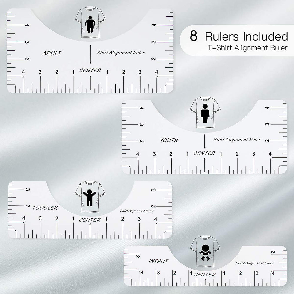8 Pack T Shirt Alignment Ruler with 1 Piece Measuring Ruler, Craft Ruler with Guide Tool for Making Fashion Center Design, Adult Youth Toddler Infant