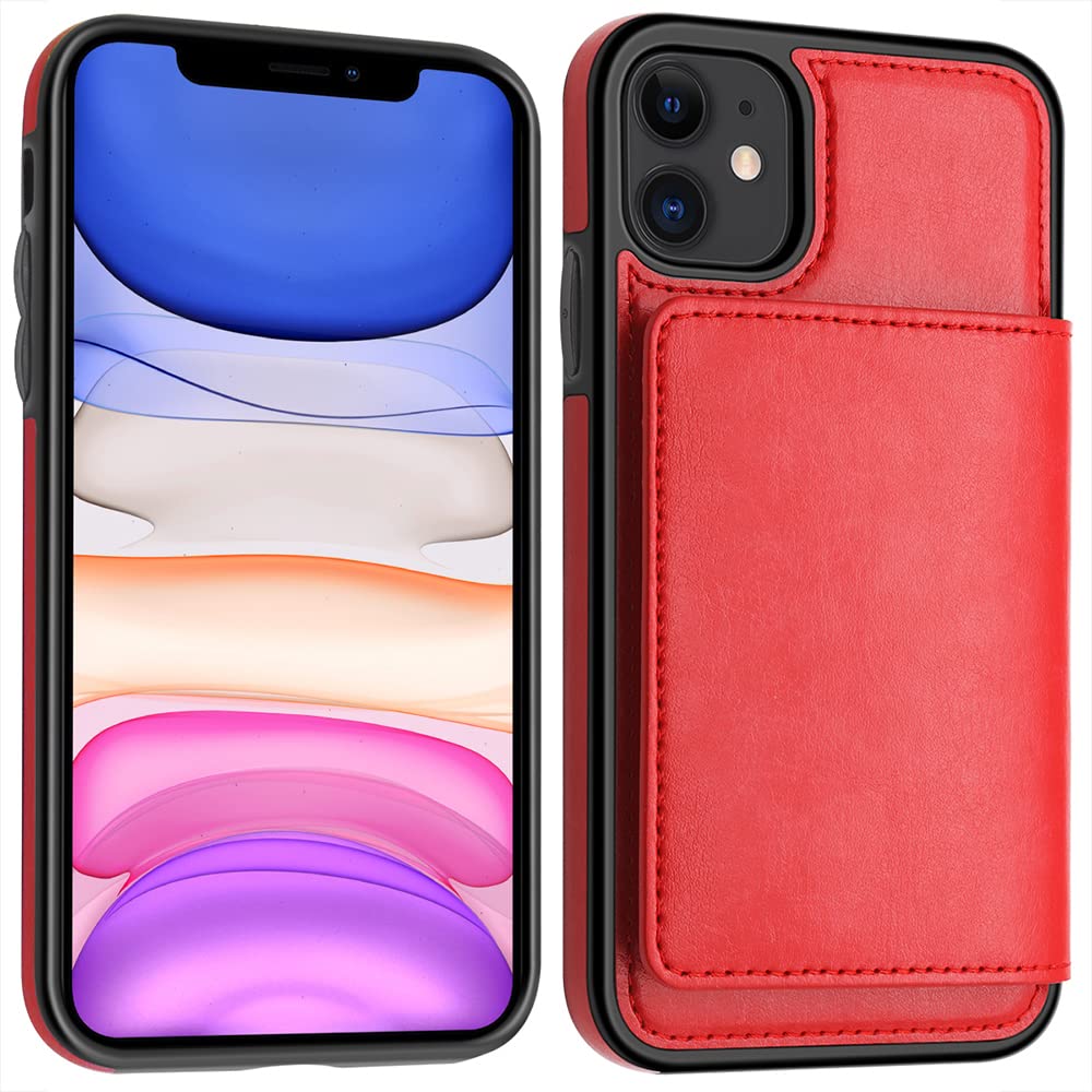 Case for iPhone 11 Case with Card Holders, Dual Layer Lightweight Slim Leather Wallet Case Flip Folio Magnetic Lock Protective Case for Apple iPhone 11 6.1 Inch (2019), Red