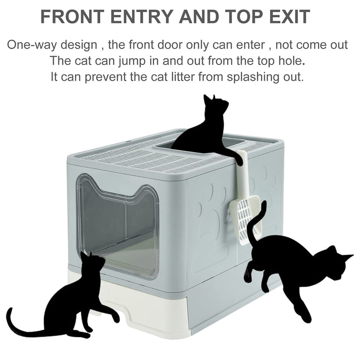Foldable Cat Litter Box with Lid, Extra Large Covered Cat Litter Box with Litter Mat and Scoop, Easy to Clean Litter Pan, Enclosed Kitty Litter Box(Blue)
