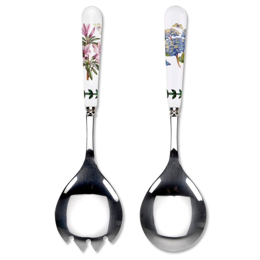 Botanic Garden 10 Salad Servers - Set of 2 | Azalea and African Lily Motifs | Stainless Steel and Porcelain | Chip-Resistant Glaze | Ideal for Family Gatherings and Outdoor Parties