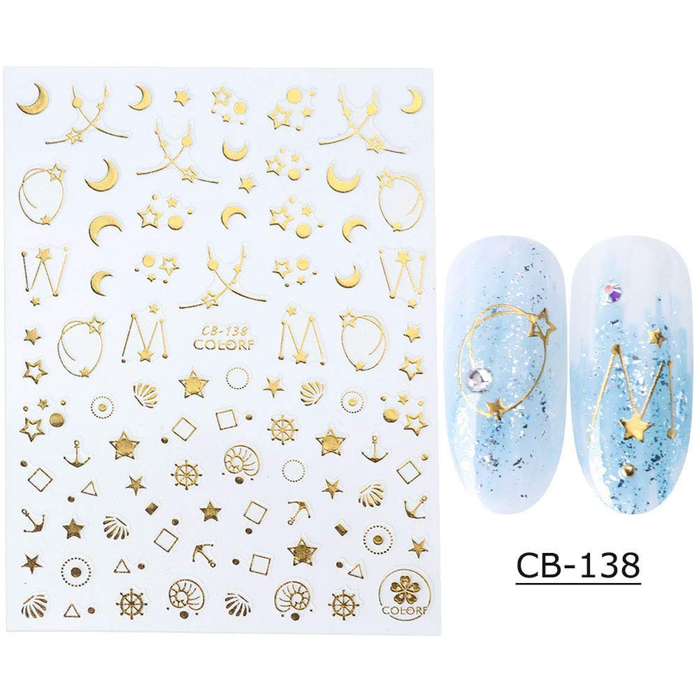 8Sheets Self-ahesive 3D Design Nail Art Stickers Decals Gold Silver Metallic Studs Moon Stars Geometry Pattern Manicure DIY Decoration Tools