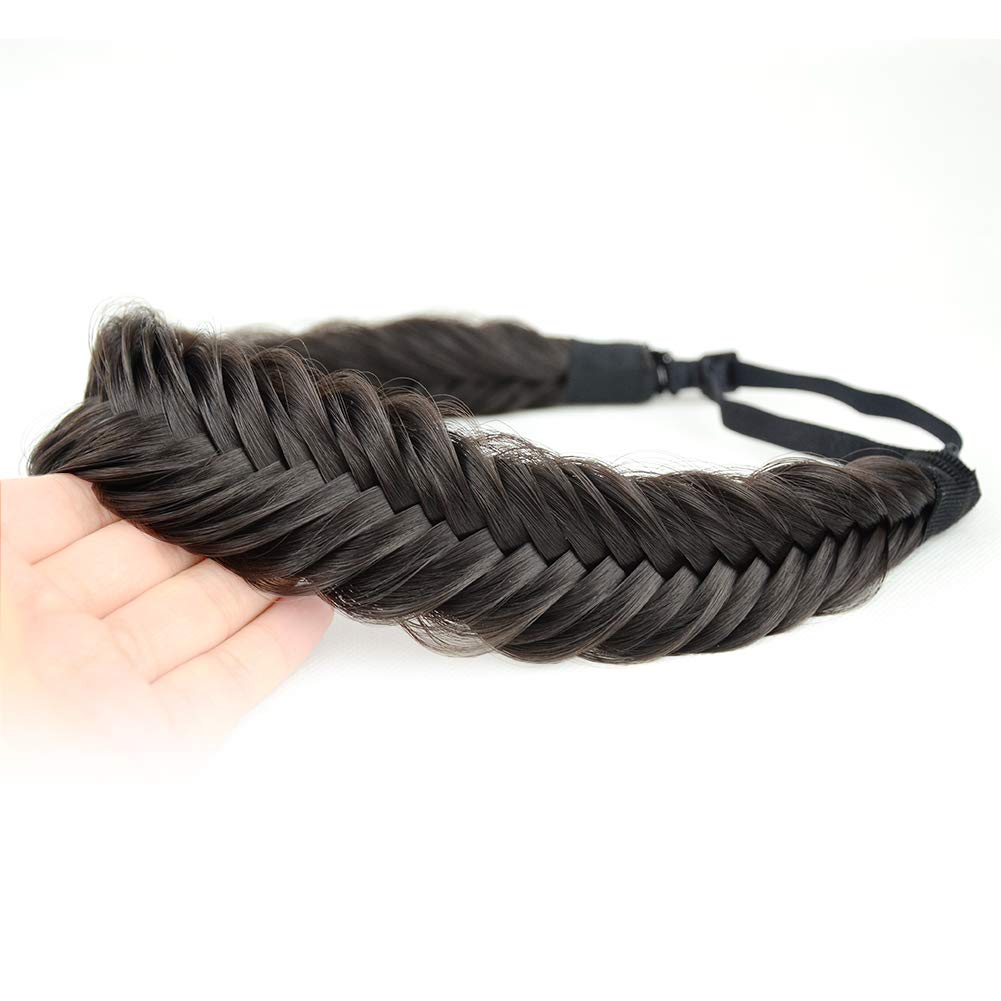 Wide Fishtail Headband for Women Synthetic Hair Plaited Braids Elastic Stretch Fishtail Headband (Deep Brown)