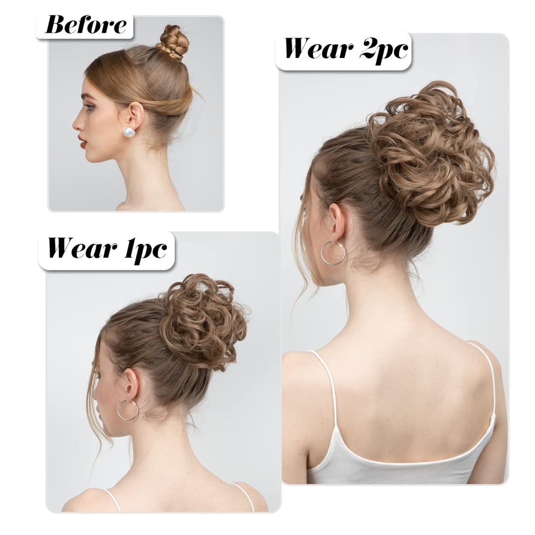 2PCS Messy Hair Bun Hair Pieces Wavy Curly Synthetic Updo Fake Scrunchies Ponytail Extension for Women Jet Black