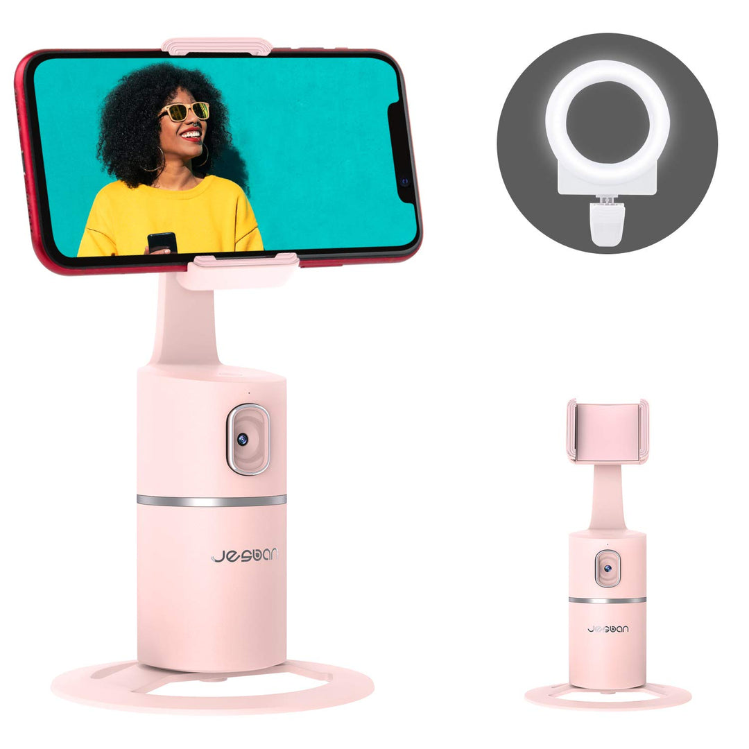 Auto Face Tracking Tripod, 360° Rotation Phone Camera Mount with Selfie Ring Light, No App, Battery Operated Smart Shooting Holder for Live Vlog (Pink)