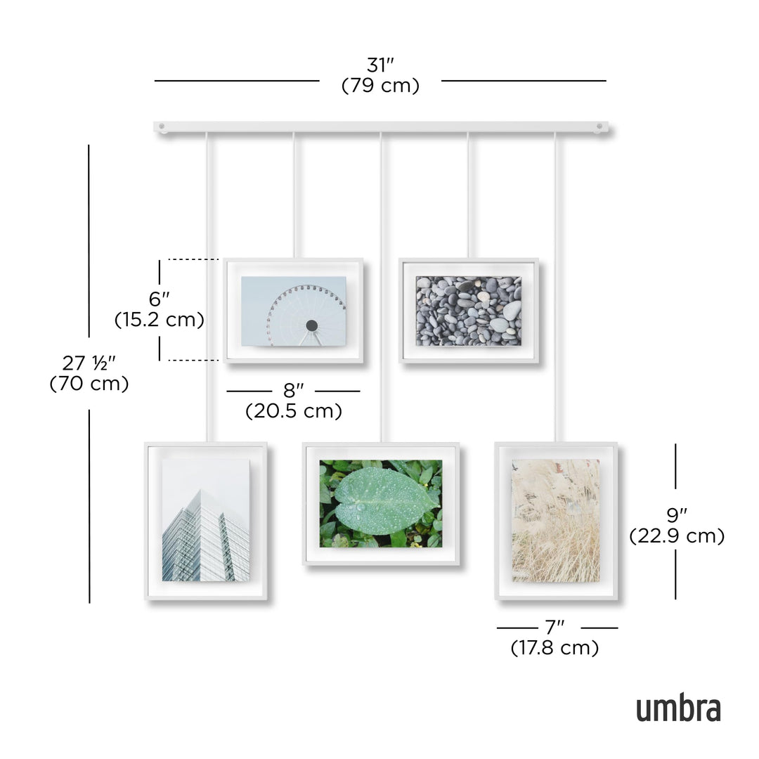 Exhibit Picture Frame Gallery Set, Adjustable Wall Collage Displays Five Photos (Two 4x6 and Three 5x7), Set of 5, White
