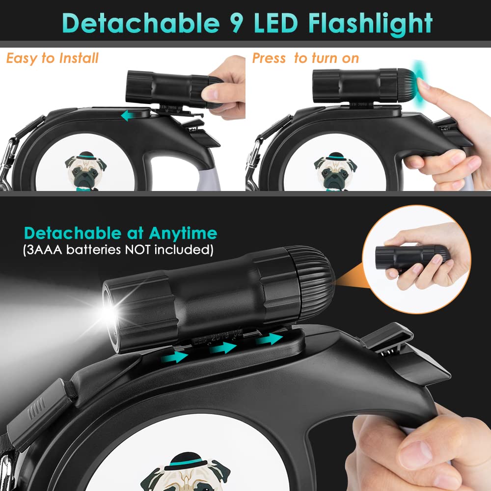 Retractable Dog Leash, 26ft Pet Walking Leash with 9 LED Detachable Flashlight for Medium Large Dog up to 100lbs, with Hand Grip One Button Brake & Lock and Hook (Black-N)