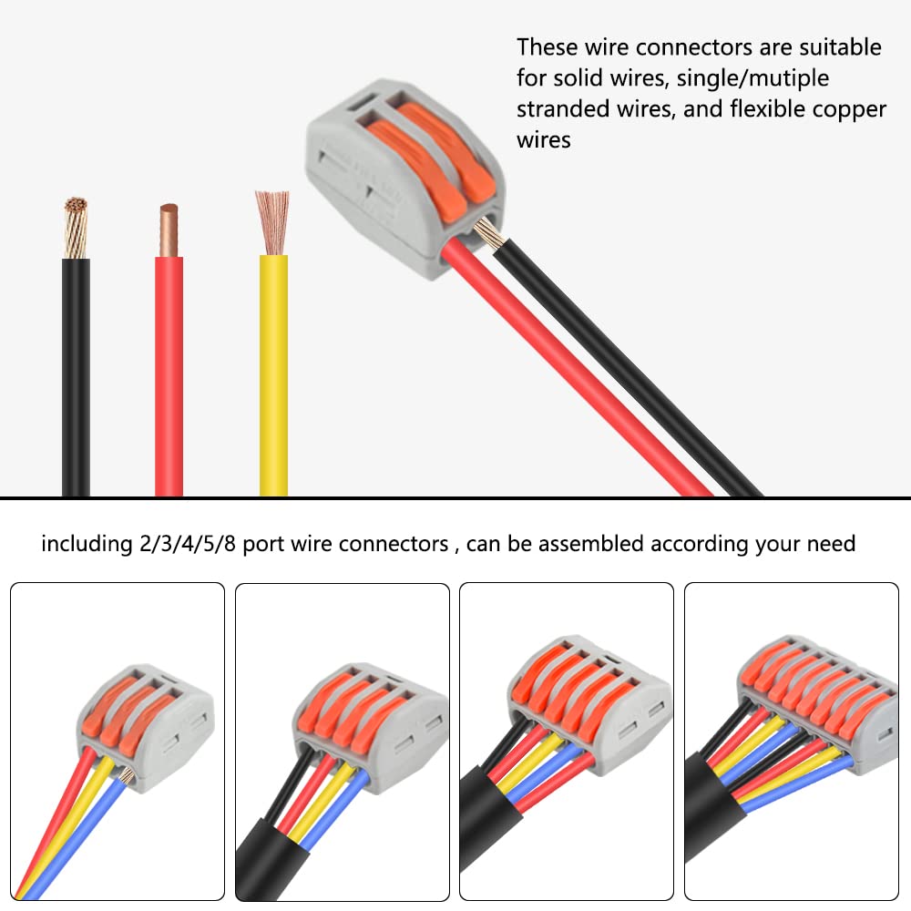 70 PCS Lever Nut Assortment Lever Wire Connector Nuts Conductor Compact Splicing Wire Connectors 2/3/4/5/8 Port