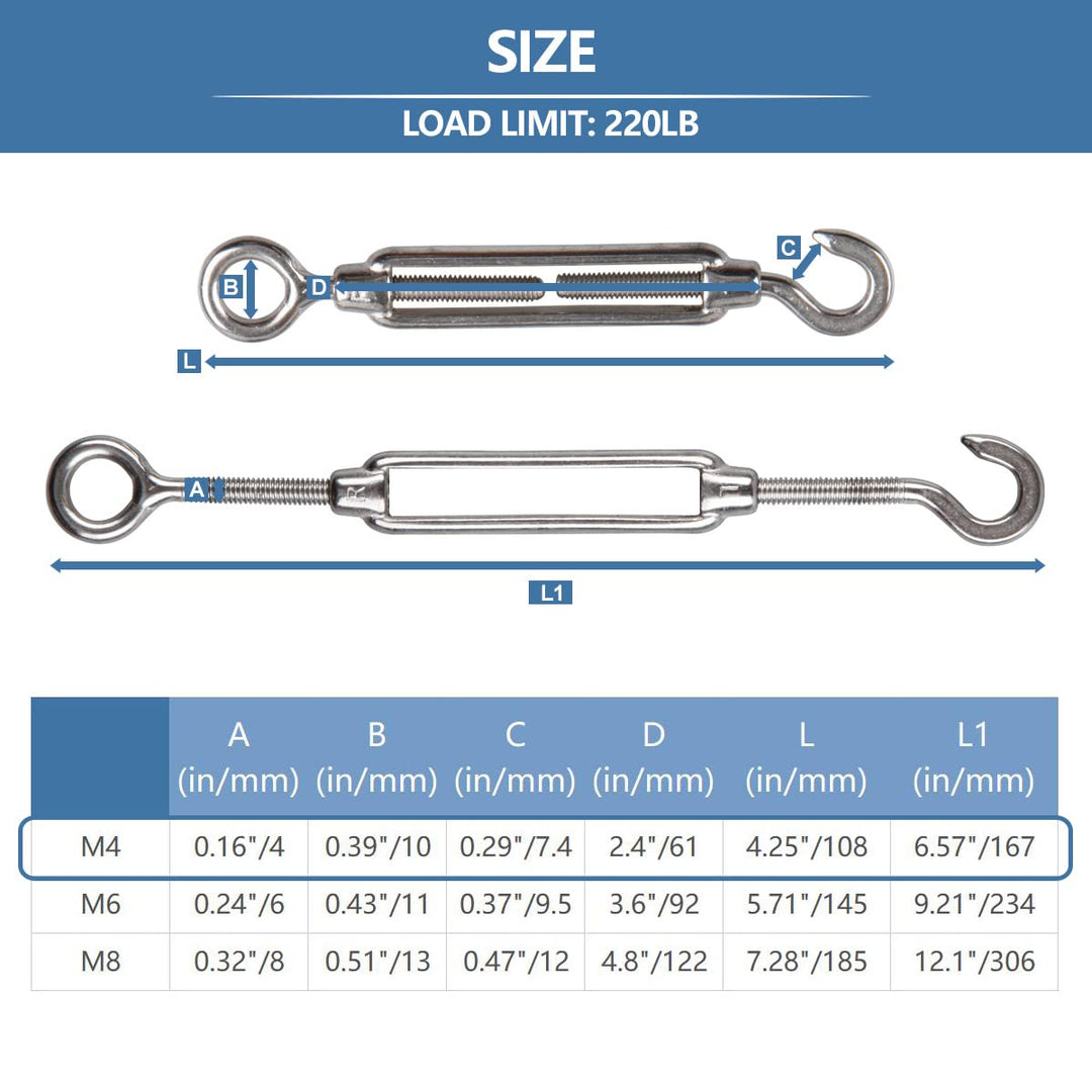 M4 Turnbuckle Hook and Eye 304 Stainless Steel Wire Rope Tensioner, 6Pcs