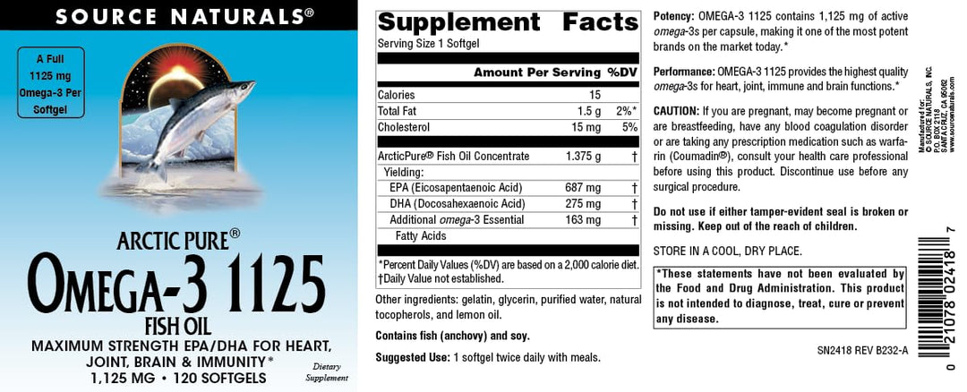 ArcticPure Omega-3 Fish Oil 1125mg Ultra Potency Maximum Strength EPA + DHA for Heart, Joint, Brain & Immune Health - 120 Softgels
