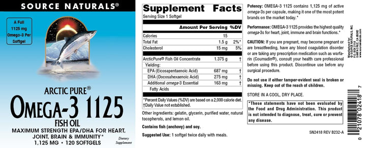 ArcticPure Omega-3 Fish Oil 1125mg Ultra Potency Maximum Strength EPA + DHA for Heart, Joint, Brain & Immune Health - 120 Softgels