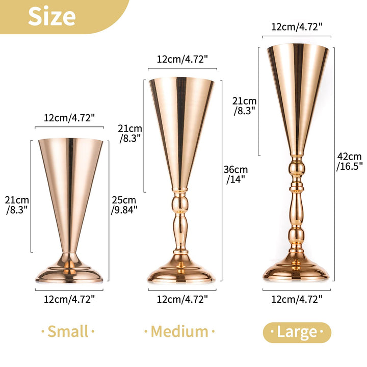 10 Pcs Tabletop Gold Metal Wedding Flower Trumpet Vase, 16.5 inch Table Decorative Centerpiece Artificial Flower Arrangements for Anniversary Ceremony Party Birthday Event Home Decoration (Gold)