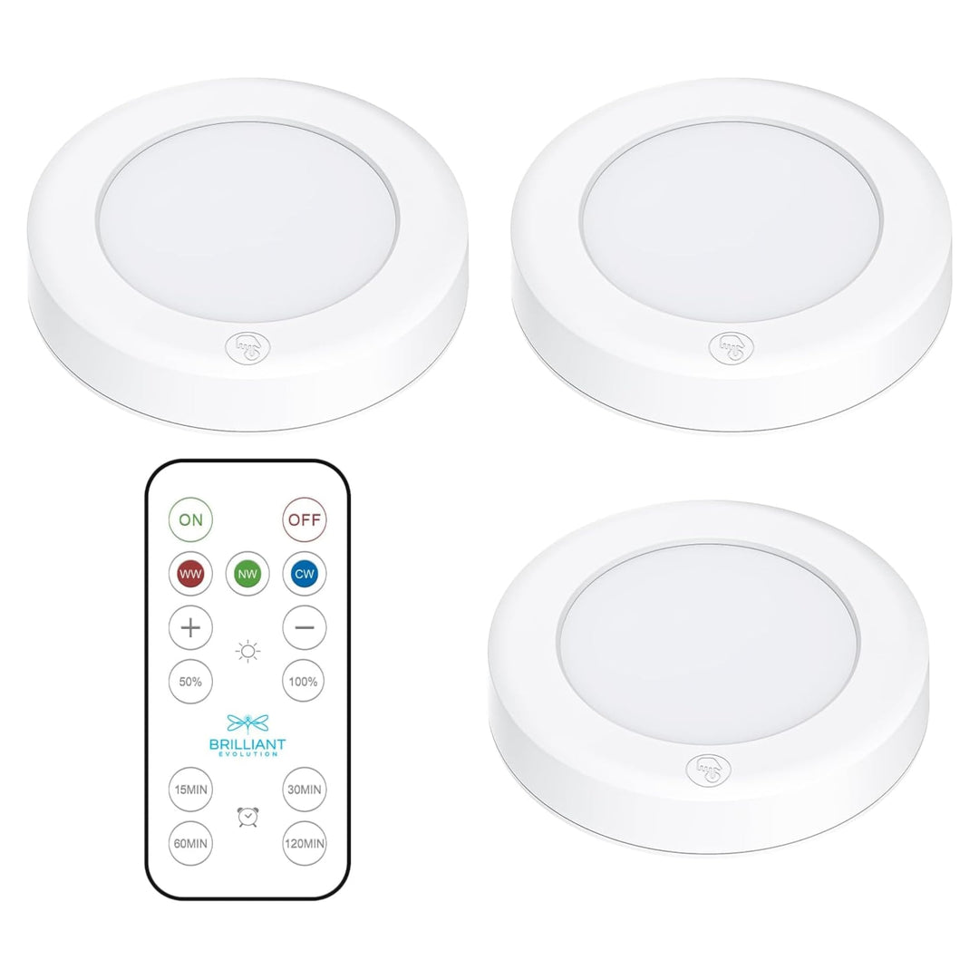 Wireless LED Puck Lights with Remote Control - Battery Operated Lights and Warm Light Under Cabinet, Closet, or Kitchen - Stick On Lights, Under Counter Lighting - Pack of 3, White