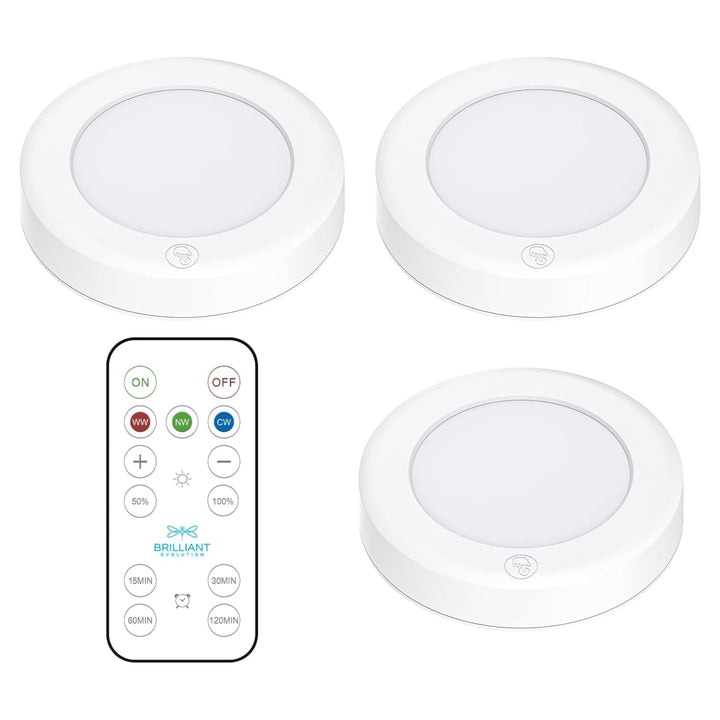 Wireless LED Puck Lights with Remote Control - Battery Operated Lights and Warm Light Under Cabinet, Closet, or Kitchen - Stick On Lights, Under Counter Lighting - Pack of 3, White