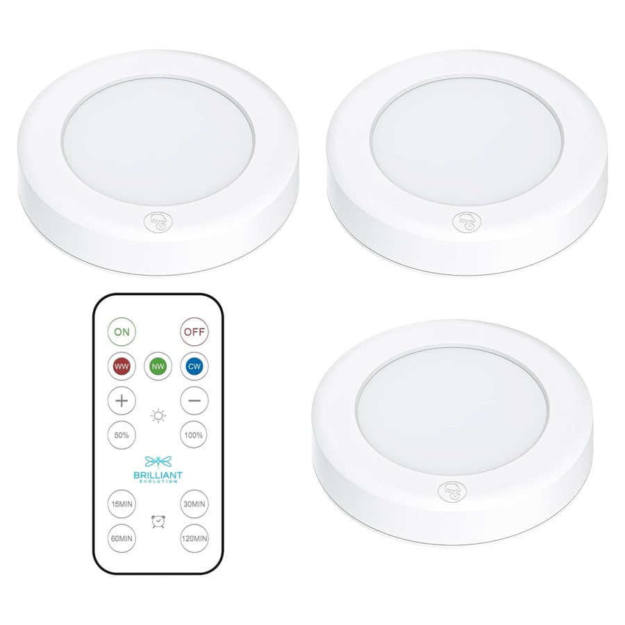 Wireless LED Puck Lights with Remote Control - Battery Operated Lights and Warm Light Under Cabinet, Closet, or Kitchen - Stick On Lights, Under Counter Lighting - Pack of 3, White