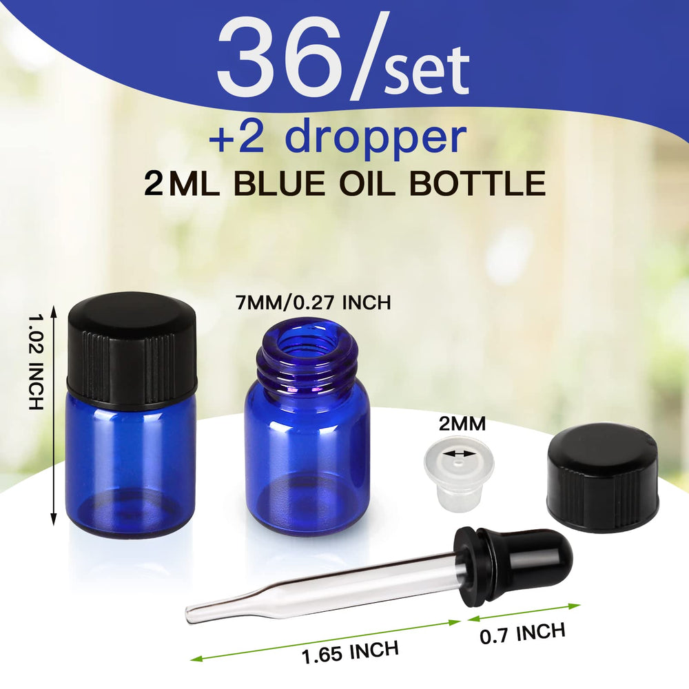 Essential Oils Sample Bottles, 36 Pcs 2 ml (5/8 Dram) Cobalt Blue Oil Bottles For Essential oils, Amber Glass Vials With 2 Free Glass Transfer Eye droppers