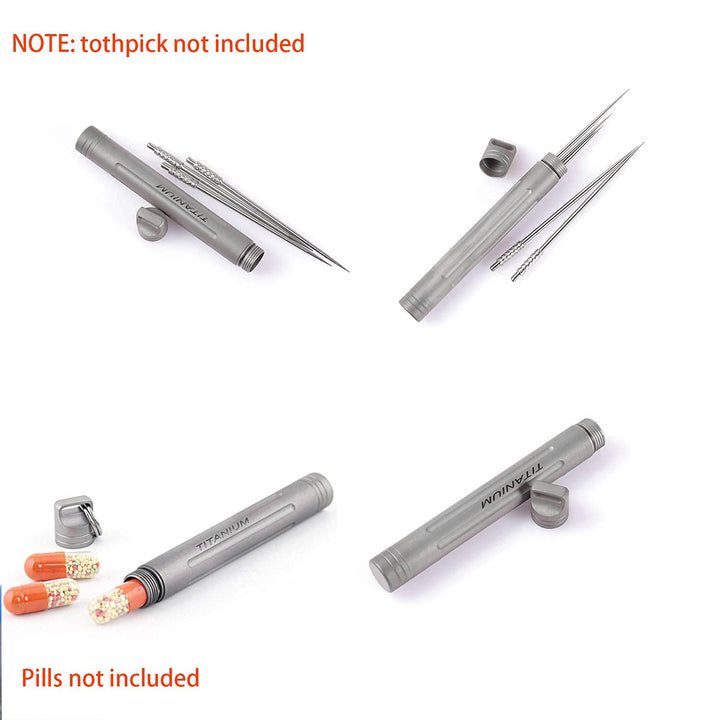 Titanium Toothpick Holder Portable Waterproof Metal Toothpicks Holder-With Small Key Ring & Mini Tooth Pick Holder Cleaning Brush(Grey)