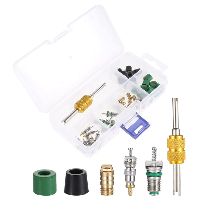 46PCS Air Conditioning Valve Core Kit,R134a R22 R410 Remover Tool Assortment Kit,Refrigeration Valve Core, Hose Gaskets, Valve, Valve Core Remover Installer