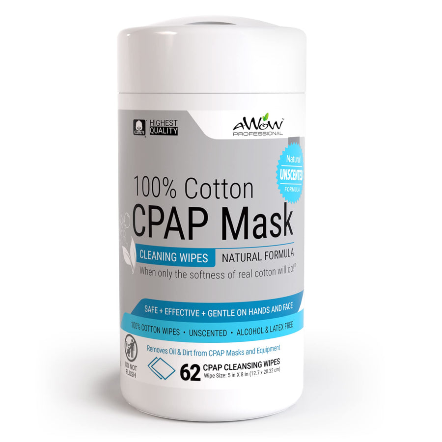 AWOW CPAP Wipes for Mask Cleaning - CPAP Accessories for daily CPAP Cleaning, Unscented 100% Cotton, Make CPAP Mask Cleaning easy with Regular CPAP or BiPAP Mask Maintenance, 62 Wipe Canister