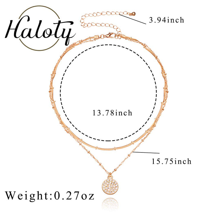 Boho Layered Crystal Pendant Necklace Gold Sparkling Beaded Necklaces Chain Coin Choker Rhinestone Neceklace Jewelry for Women and Girls