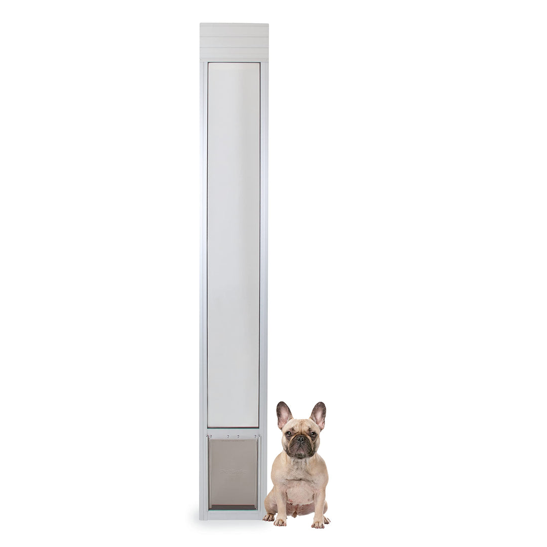 1-Piece Sliding Glass Pet Door for Dogs & Cats - Adjustable Height 75 7/8 to 80 11/16- Medium, Satin, No-Cut Install, Aluminum Patio Panel Insert, Great for Renters or Seasonal Installation