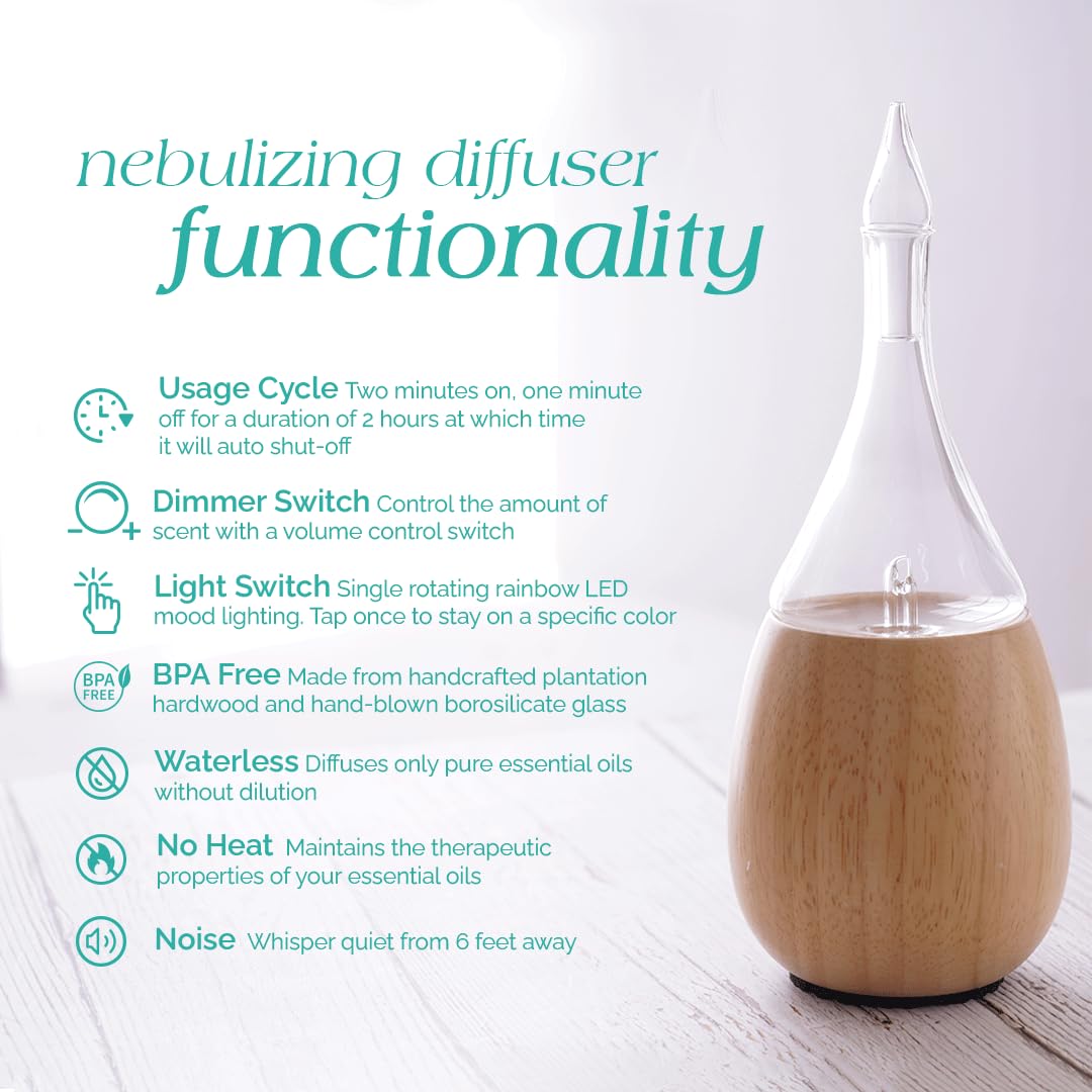 Raindrop 2.0 Nebulizing Diffuser for Essential Oil Aromatherapy Light-Colored Wood Base