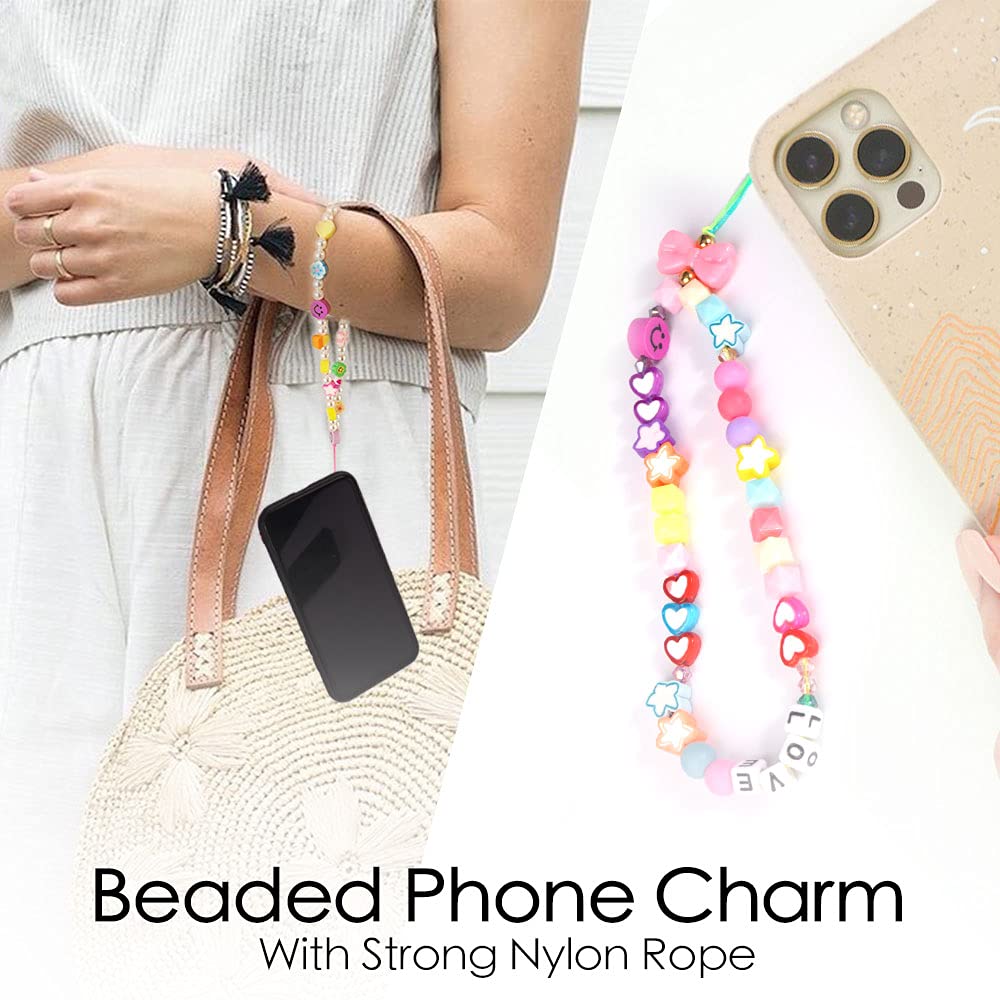 Beaded Phone Charm Strap, 4 Pcs Handmade Phone Chain Phone Bracelet Lanyard Wrist Fruit Star Pearl Rainbow Color Beaded for Women Summer Beach Accessory
