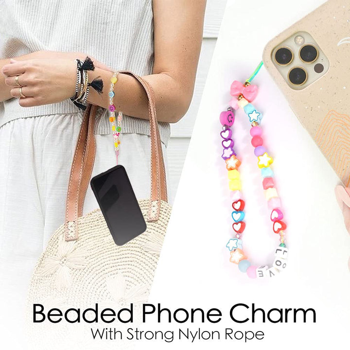 Beaded Phone Charm Strap, 4 Pcs Handmade Phone Chain Phone Bracelet Lanyard Wrist Fruit Star Pearl Rainbow Color Beaded for Women Summer Beach Accessory