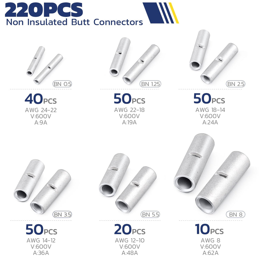 Haisstronica Non Insulated Butt Connectors Kit 220pcs Butt Connectors for Wiring Pure Copper AWG24-8 Wire Crimp Connector