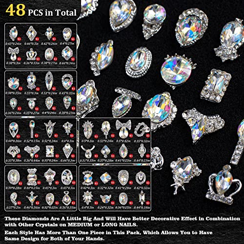 Nail Rhinestones 48Pcs Big Charms Silver 3D Crystals Iridescent Diamonds Silver Metal Frame for DIY Crafts Nail Art