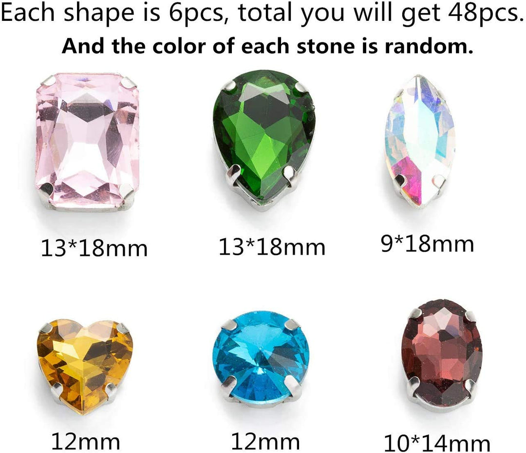 Sew On Rhinestones, 48PCS Mixed Shapes Flatback Sew On Glass Rhinestone Sewing Claw Rhinestone for Craft, Clothes, Garments, Dress, Earring, Belt and Shoes (Mixed, Silver Claw)