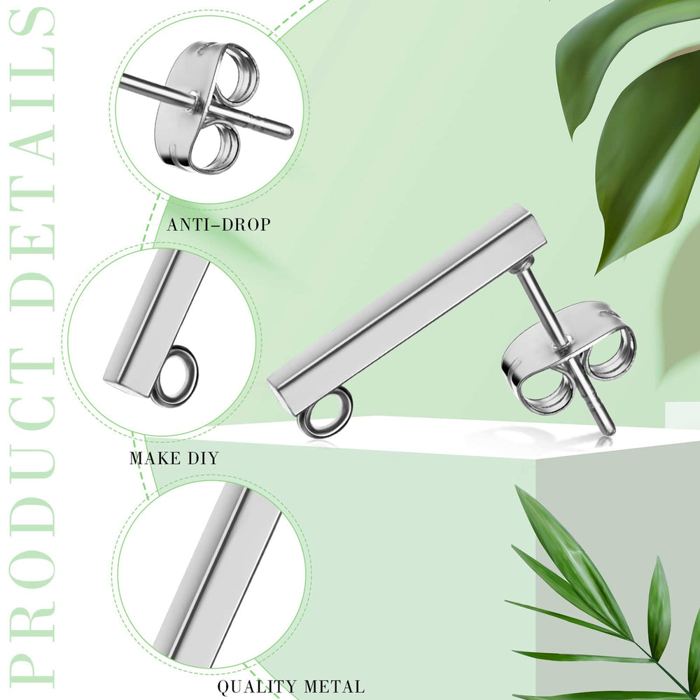 80 Pieces Stainless Steel Earring Posts Stud Earring with Loop Rectangle Earring with 80 Pieces Ear Nut Bar Pierced Post Stud Earrings for DIY Earrings Jewelry Making, 2 Sizes(Silver, Gold)