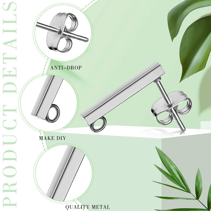 80 Pieces Stainless Steel Earring Posts Stud Earring with Loop Rectangle Earring with 80 Pieces Ear Nut Bar Pierced Post Stud Earrings for DIY Earrings Jewelry Making, 2 Sizes(Silver, Gold)