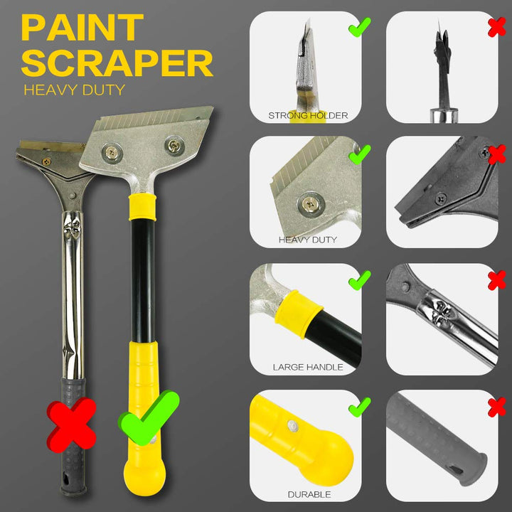 Razor Blade Scraper,Long-Handle Putty Knife,with 10 Blades Set Paint Scraper for Wood,Window Glass Wallpaper Remover,Painting Stripping Tools,Tile Adhesive Removal 4-inch (Scraper with Blades Set)