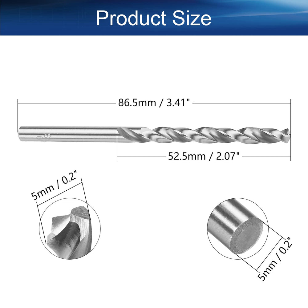 5pcs Twist Drill Bit, 5mm HSS-6542 Straight Shank Drill Bit- 135° Tip, for Metal, Steel, Wood, Plastic, Copper, Aluminum Alloy, Stainless Steel Silver
