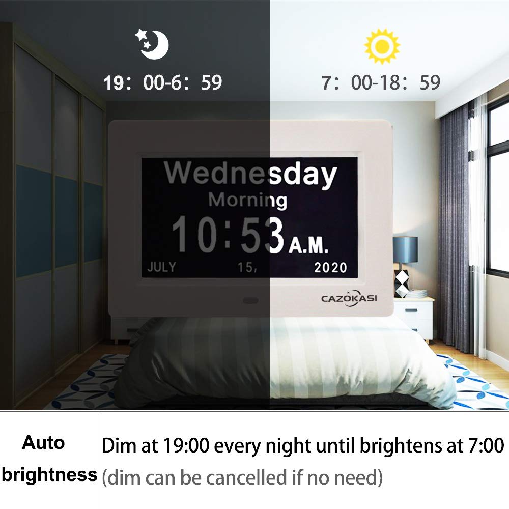 3 Colors Extra Large Impaired Vision Digital Clock with Day and Date for Elderly Calendar Day Clock Auto Dimmable Clock with Non-Abbreviated Year & Month Alarm Clock (7 inch White)