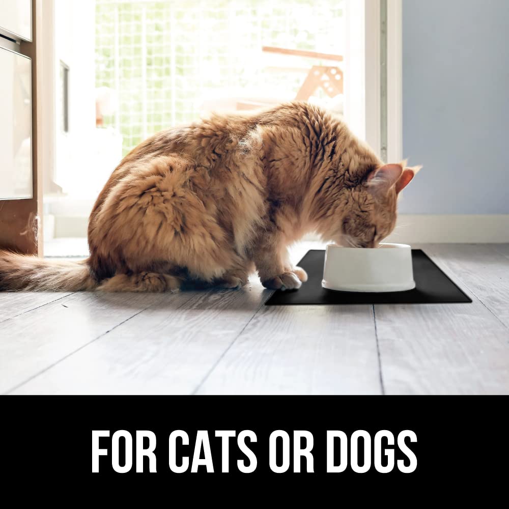 100% Waterproof Raised Edge BPA Free Silicone Pet Feeding Mat, Dog Cat Food Mats Contain Spills Protects Floors, Placemats for Cats and Dogs Water Bowl, Pets Accessories 18.5x11.5 Black