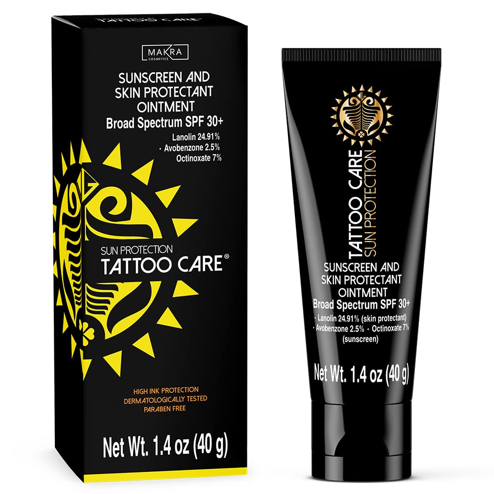 Makra Tattoo Care Sunscreen – SPF 30+ All Natural Tattoo Sun Protection - UVA/UVB Protection - Deeply Moisturizes and Protects Ink Against Fading - Enhances Colors, Water Resistant - 1.35 Oz/40 g