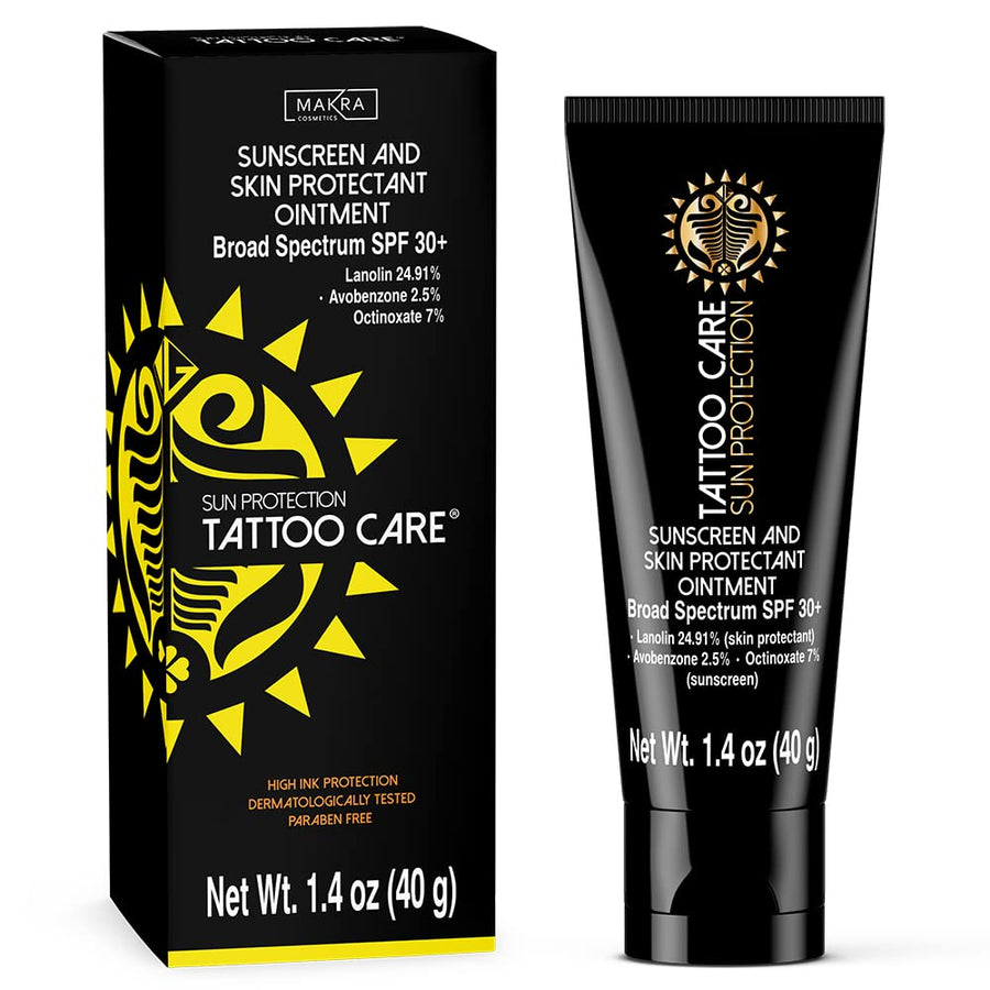 Makra Tattoo Care Sunscreen – SPF 30+ All Natural Tattoo Sun Protection - UVA/UVB Protection - Deeply Moisturizes and Protects Ink Against Fading - Enhances Colors, Water Resistant - 1.35 Oz/40 g
