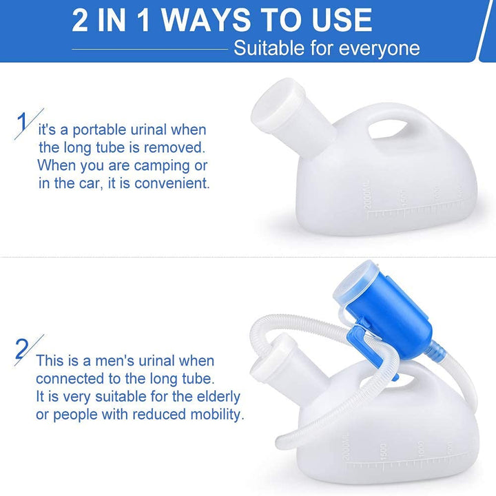 Urinals for Men, 2000ml Urine Bottle for Men, Male Portable Pee Bottle, Spill Proof Men's Potty Portable Urinal, 45.2 Long Tube with Lid for Camping Car Travel Bed Emergency Urination Device