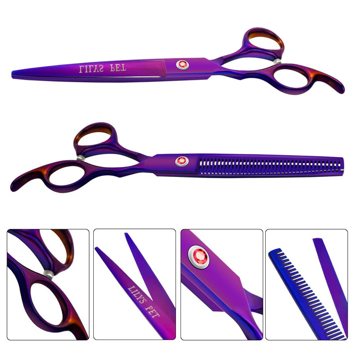 Professional PET Dog Grooming Titanium Scissors Set,Straight & Curved & Thinning & Chunker Scissors with 1 Grooming Comb for Dog Cat and More Pets Grooming (Purple)