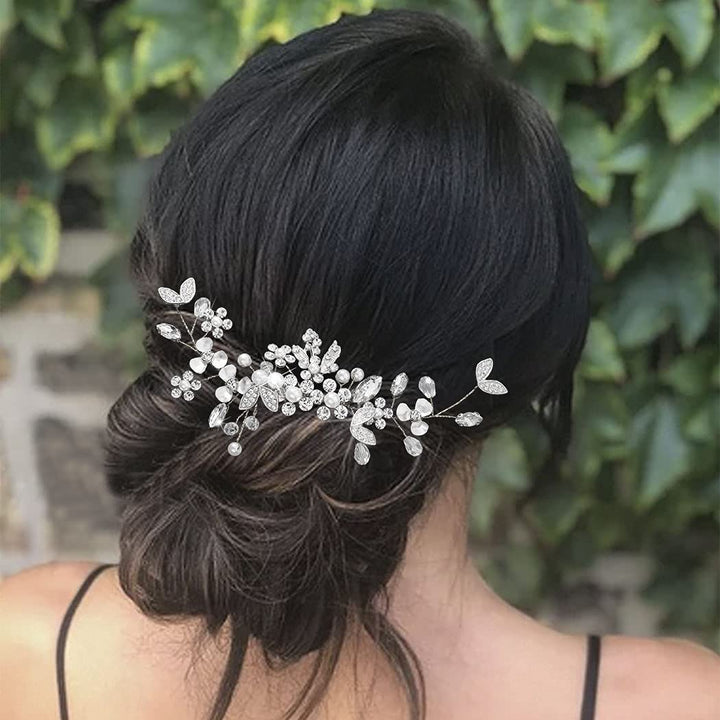 Bride Wedding Leaf Hair Combs Delicate Crystal Bridal Headpieces Flower Hair Accessories for Women and Girls (Silver)