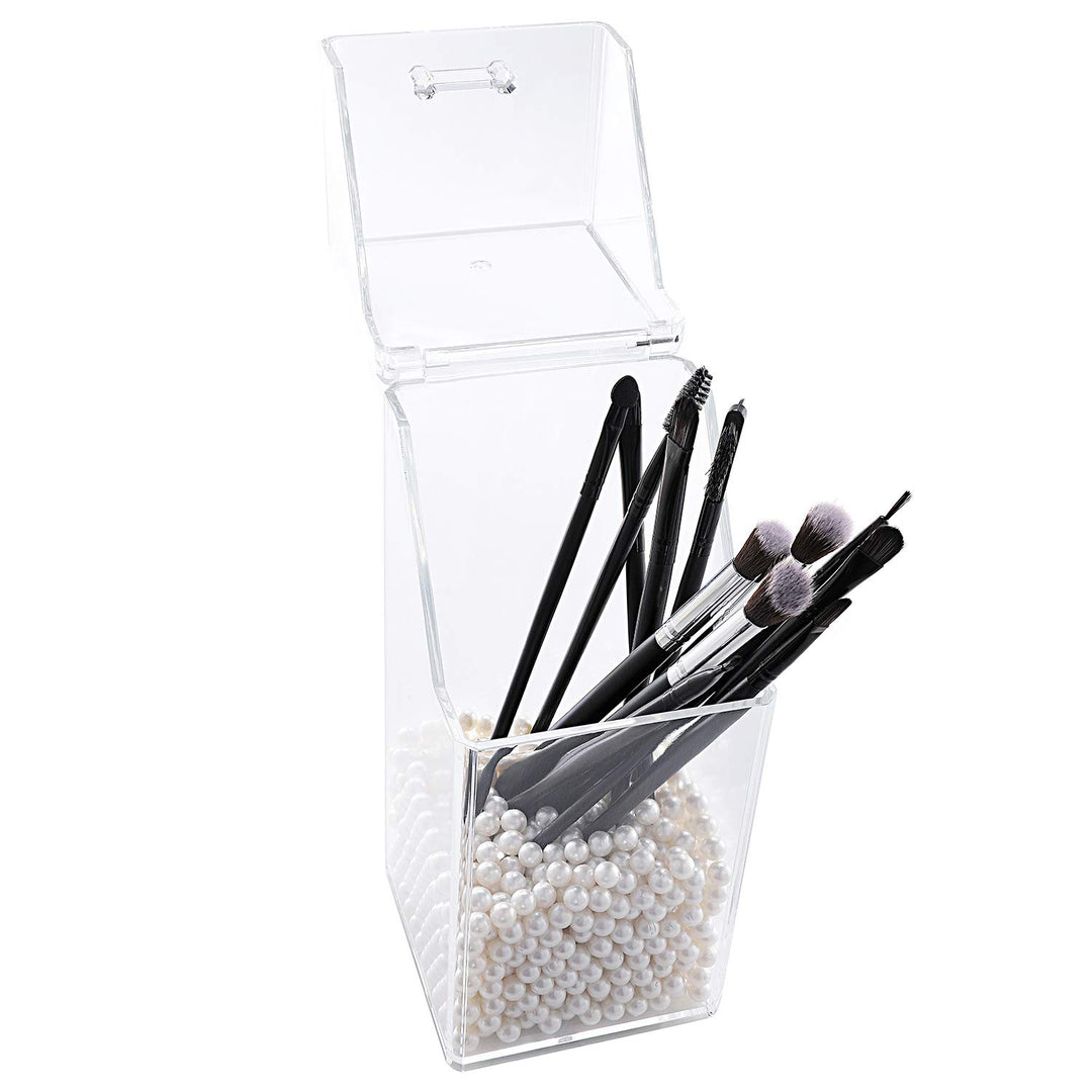 Makeup Brush Holder with Dustproof Lid, Clear Makeup Organizer with Free White Pearl (cb000004-p) (Square)