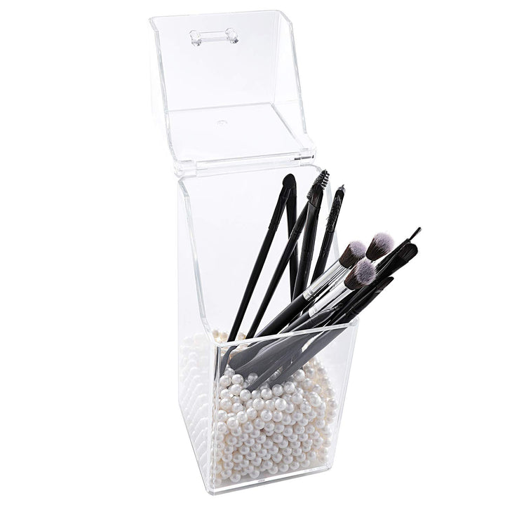 Makeup Brush Holder with Dustproof Lid, Clear Makeup Organizer with Free White Pearl (cb000004-p) (Square)