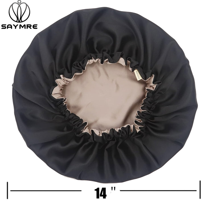 100% Mulberry Silk Lined Bonnet Adjustable Satin Sleep Cap 19 Momme Silk Bonnet for Women Curly,Long Hair Care Black