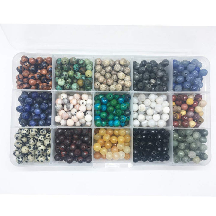 800pcs 6mm Natural & Synthetic Round Stone Beads Gemstone Beading Loose Gemstone Hole Size 1mm DIY Smooth Beads for Bracelet Necklace Earrings Jewelry Making,Box Packed. (15 Material, 6mm)