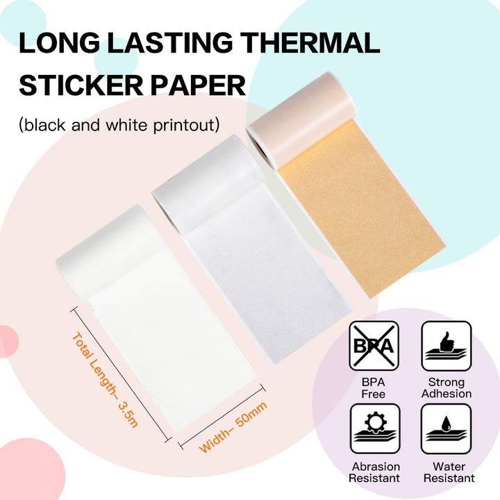Adhesive Thermal Sticker Paper,White/Gold Glitter/Silver Glitter Thermal Paper,for M02/T02/M02 Pro/M02S/M03/M03AS/M04S Thermal Pocket Printer/Receipt Printer, 50mm-53mm Width