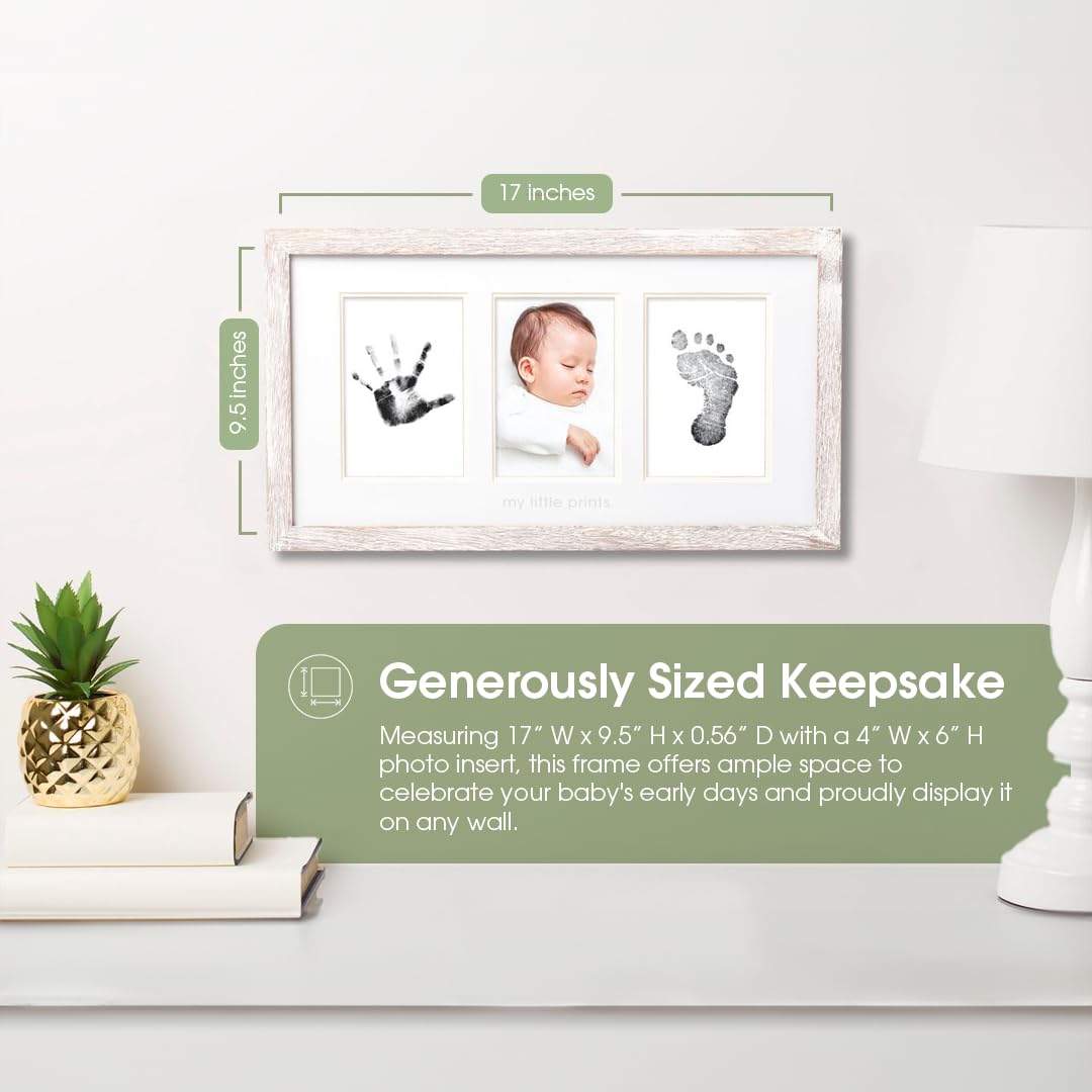 My Little Prints Newborn Handprint & Footprint Frame Kit - No Mess Clean Touch Ink Pad, Gender-Neutral Keepsake, Ideal Shower Gift, Nursery Decor, Distressed Wood